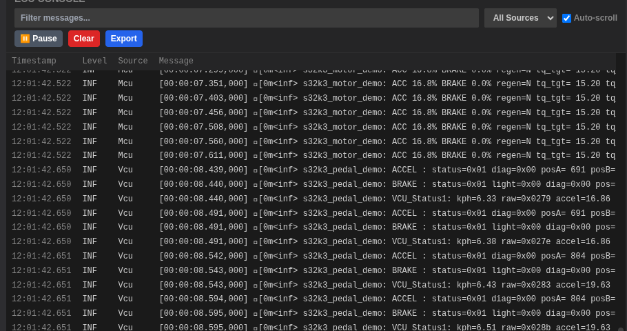 ECU Console with filter, pause, clear, and export