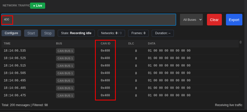 Network Traffic panel showing injected CAN frames