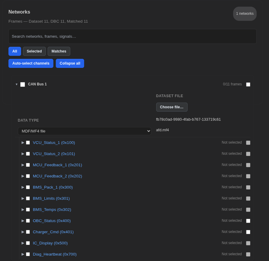 Networks list showing CAN bus selection and matched frames