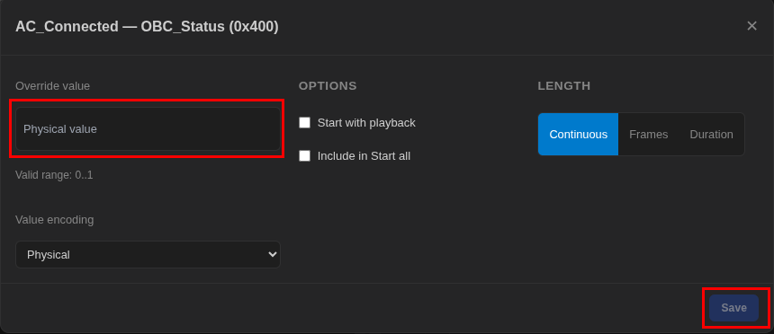 Signal injection options dialog