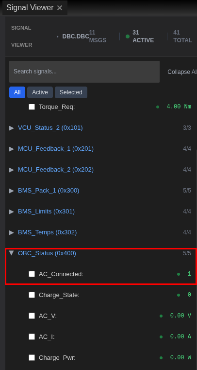 Signal Viewer panel showing injected signal values updating