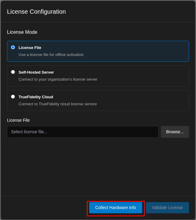 License Configuration dialog showing the Collect Hardware Info button