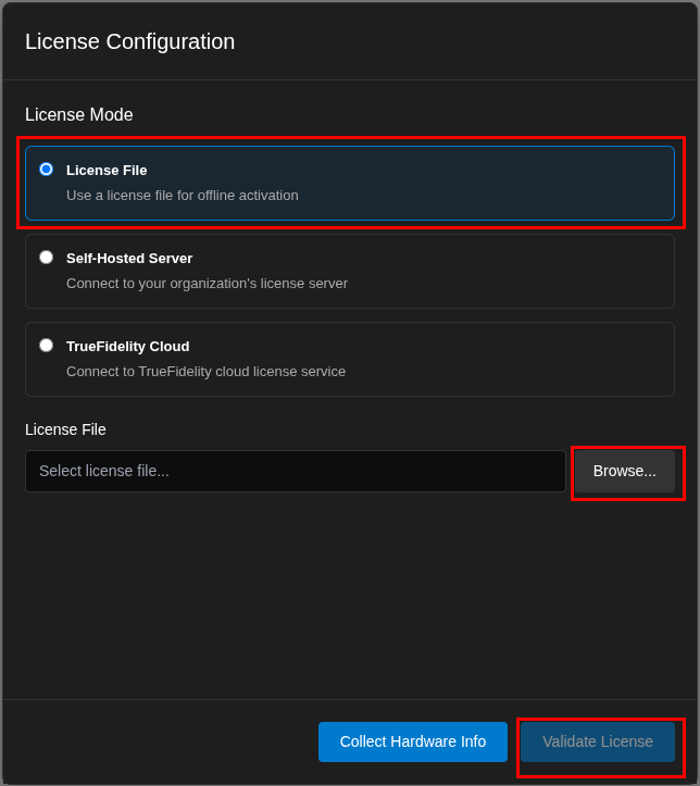 License Configuration dialog with License File mode selected and Browse button highlighted