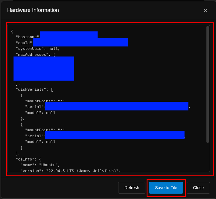 Hardware Information modal showing collected hardware data with Save to File button