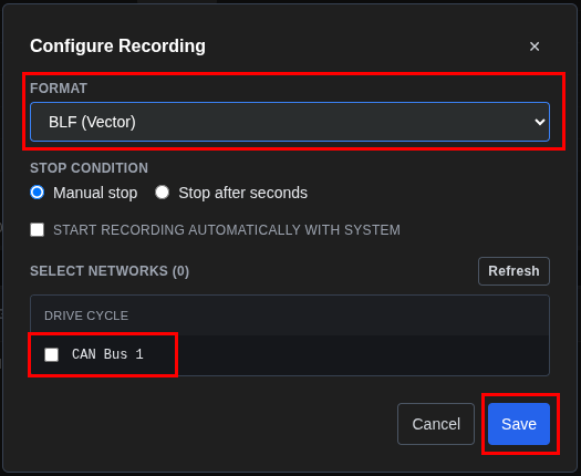 Capture configuration dialog showing network and format options
