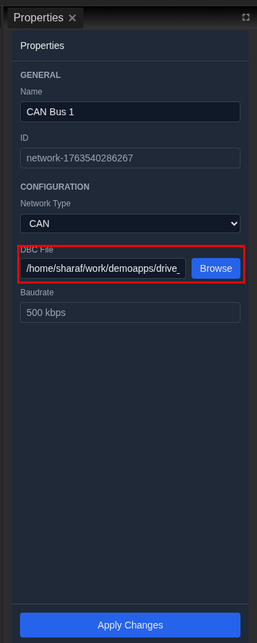 Properties panel showing DBC selection for a CAN network
