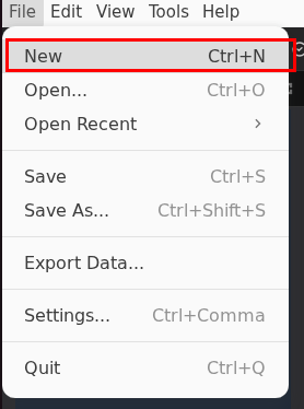 File menu with New option highlighted