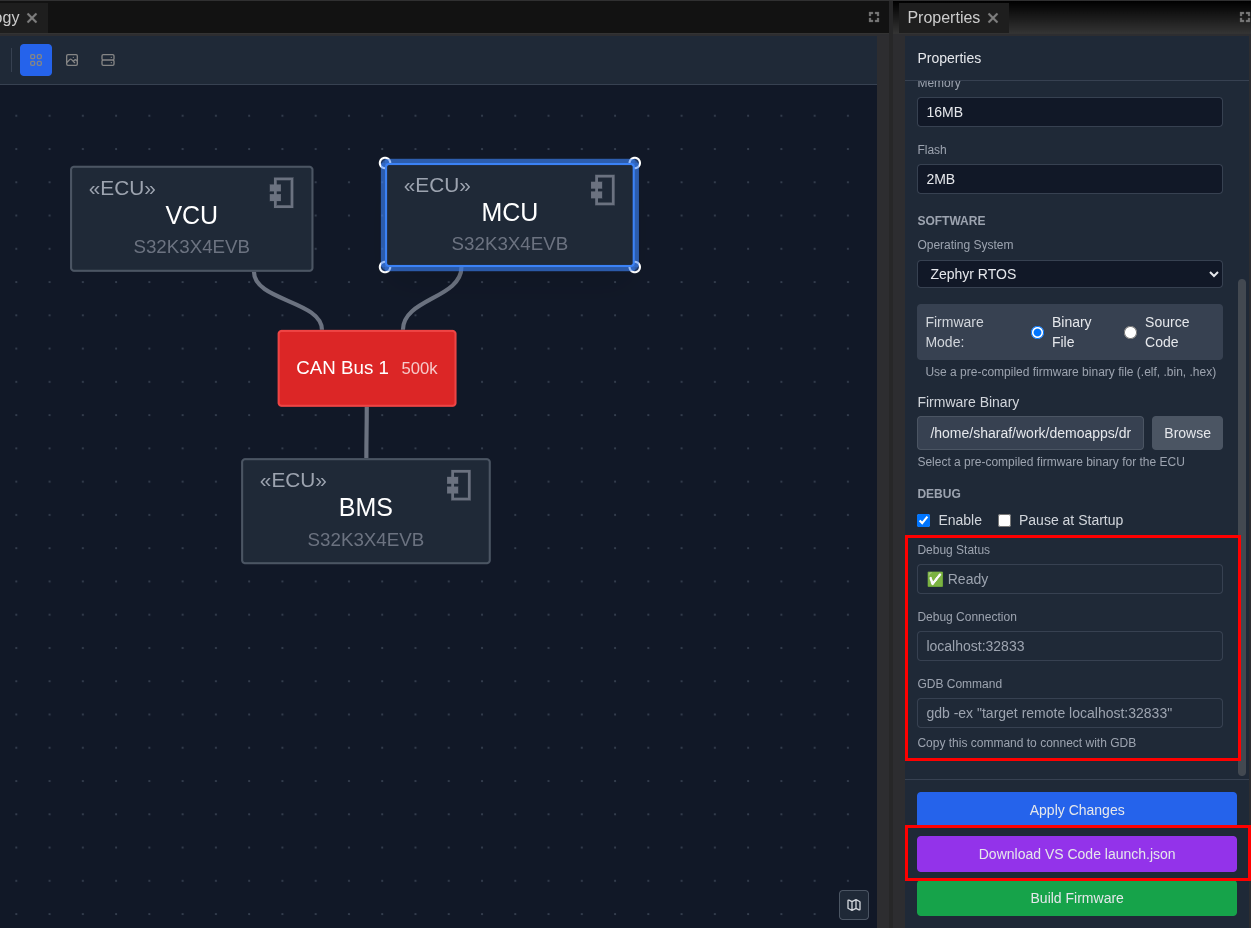 Debug configuration options in Properties panel