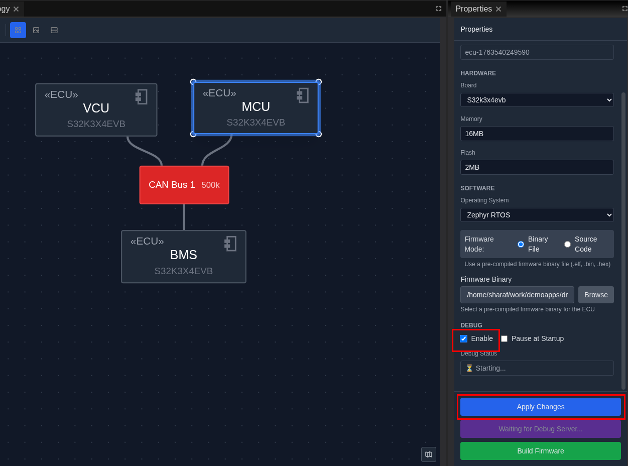 ECU Properties panel with Debug section highlighted