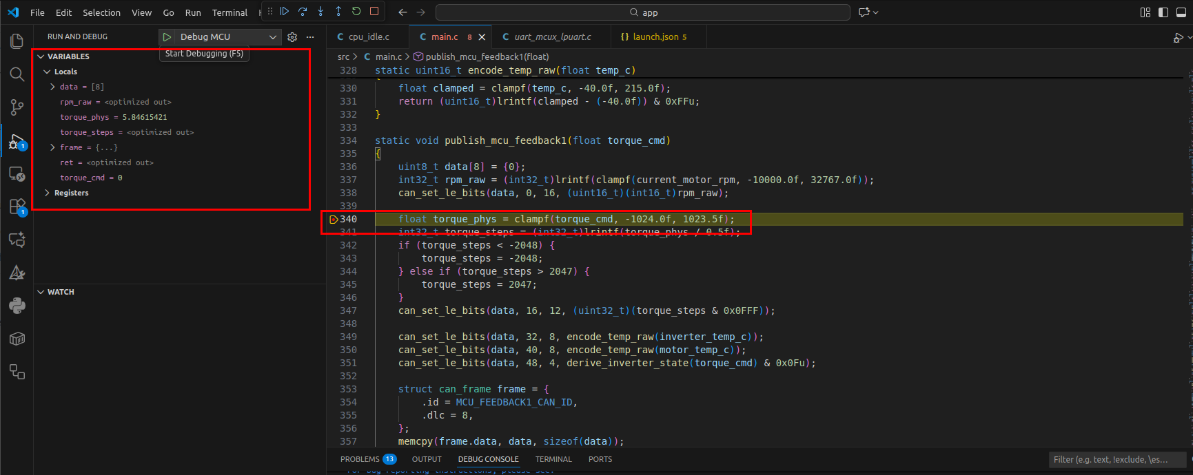 VS Code debugging session with breakpoint hit and variables