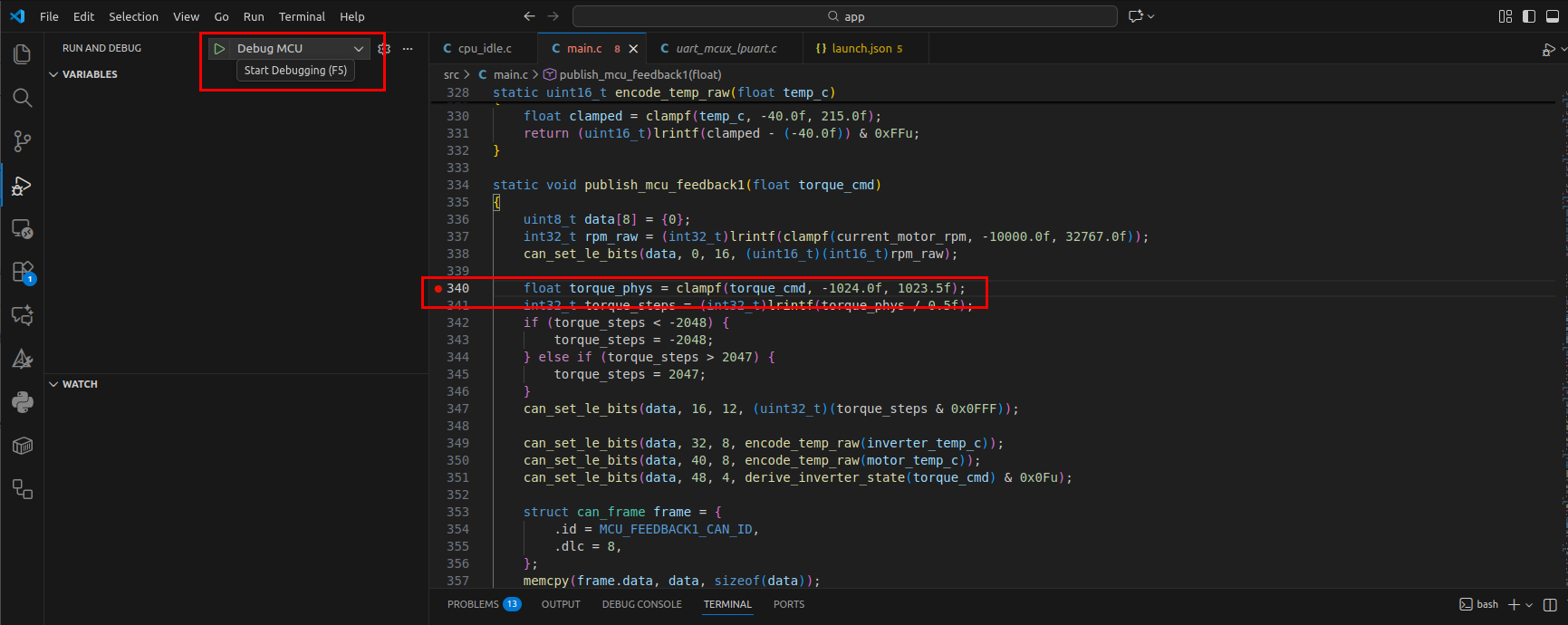 VS Code with breakpoint set and Start Debugging button