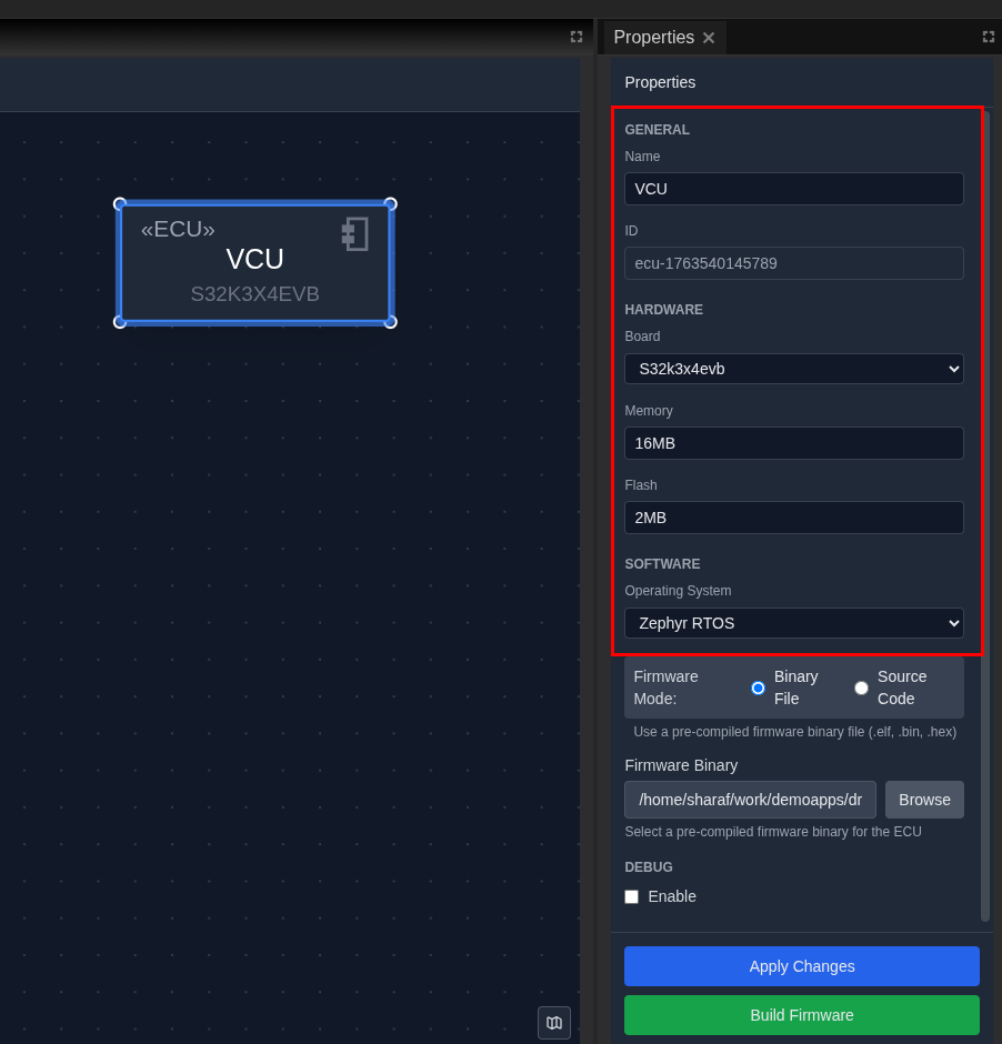 Properties panel showing ECU configuration