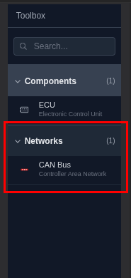 Toolbox with Networks category expanded showing CAN Bus option