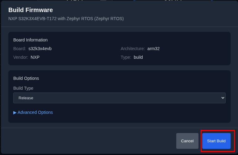 Build firmware dialog with Start button