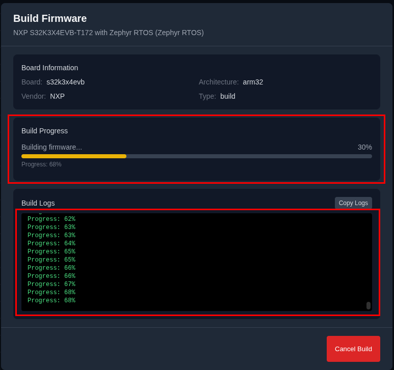 Build progress dialog showing compilation status