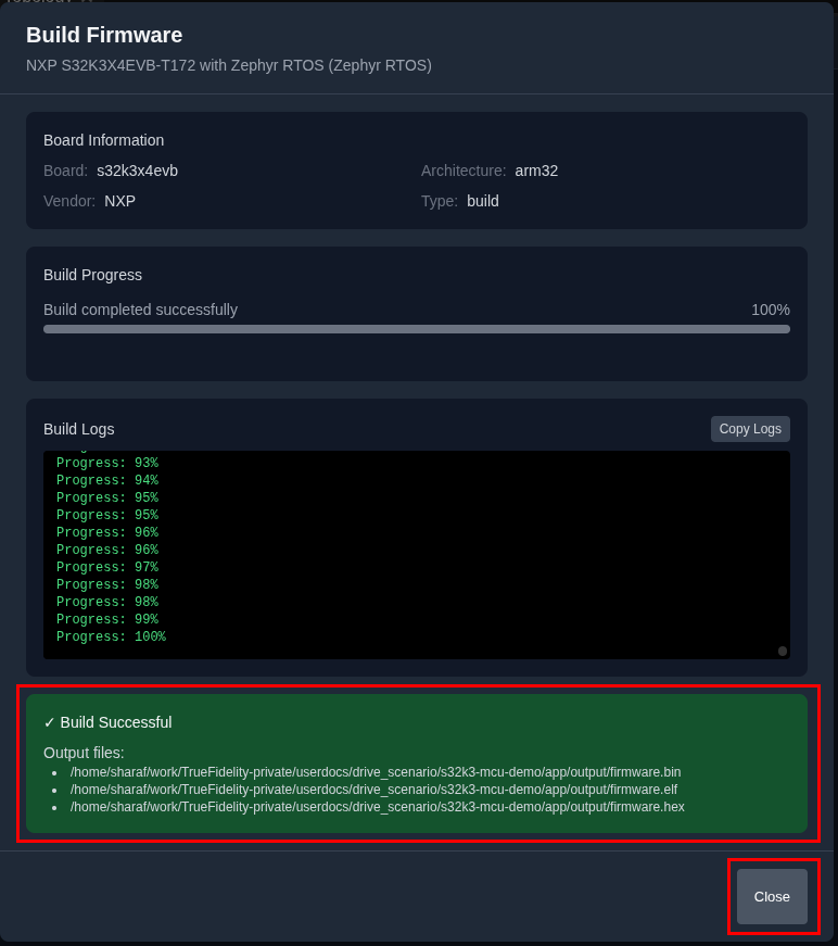 Build success dialog with close button