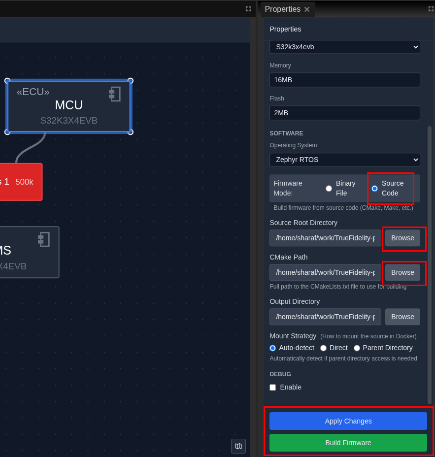 Properties panel showing Source Code mode with configuration fields