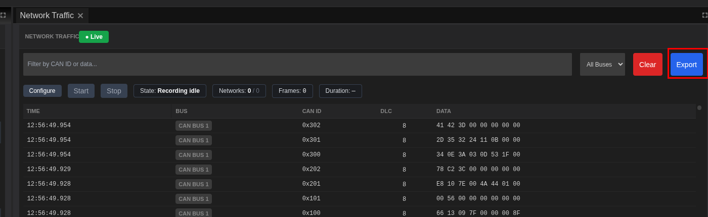 Network Traffic panel with Export button