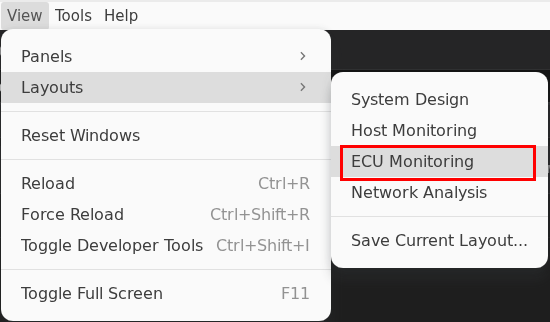 View menu showing Layouts submenu with ECU Monitoring option