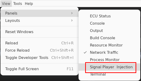 View menu showing Panels submenu with Signal Player & Injection option highlighted